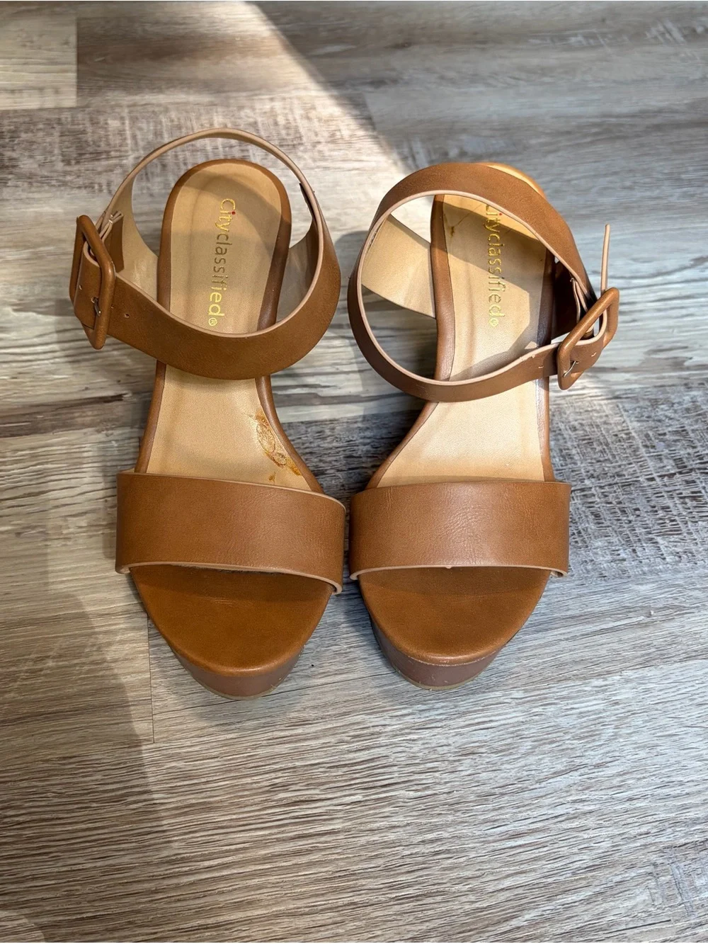 Cityclassified Cognac Brown Wedge Sandals with Wide Buckle Strap